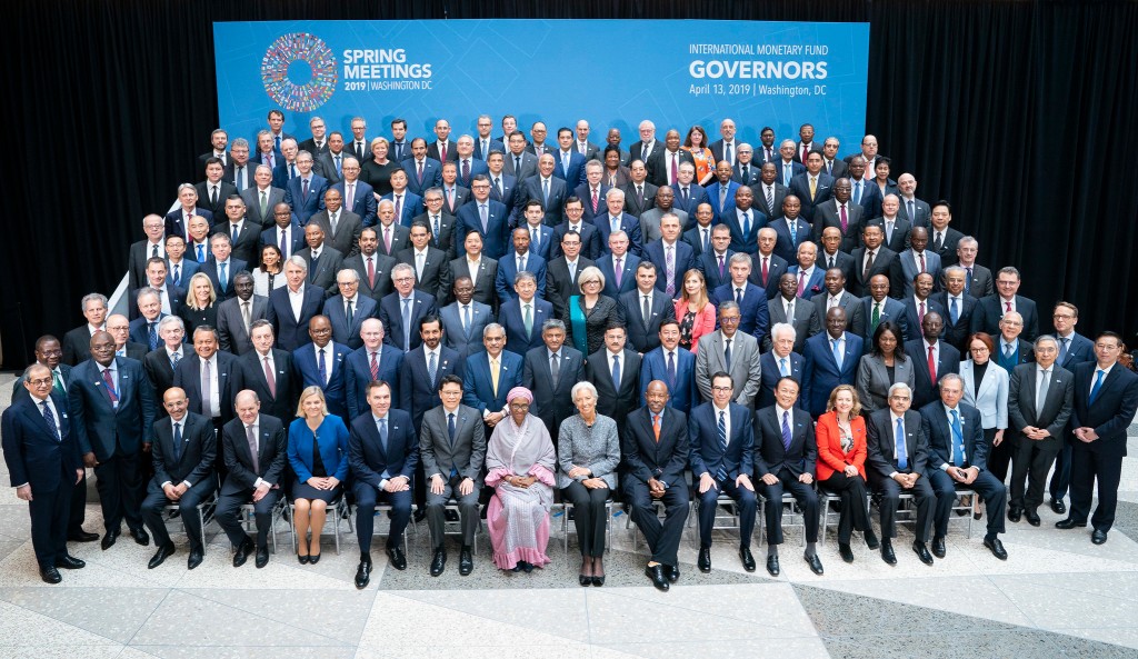 Bank Governors and Finance Ministers pose for the International Monetary Fund's Governors official photograph at the IMF Headquarters during the 2019 IMF/World Bank Spring Meetings April 13, 2019 in Washington, DC. IMF Staff Photograph/Stephen Jaffe
